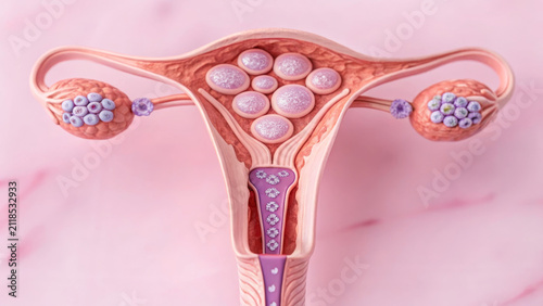 Ovarian Cyst concept , Soft pastel anatomy of female reproductive system with ovarian cysts and fallopian tubes showing