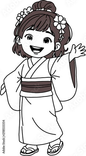 Cute Japanese Girl Wearing Pink Kimono Waving Hand Cartoon Character Vector Illustration