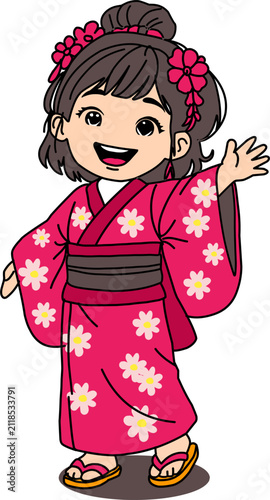 Cute Japanese Girl Wearing Pink Kimono Waving Hand Cartoon Character Vector Illustration