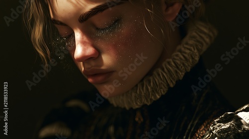 Prompt: A beautiful dark-toned portrait of a noblewoman in a high-collared velvet gown. Fine, glittering silver comet dust gently drifts from her eyelashes and hair, caught in a single sharp 