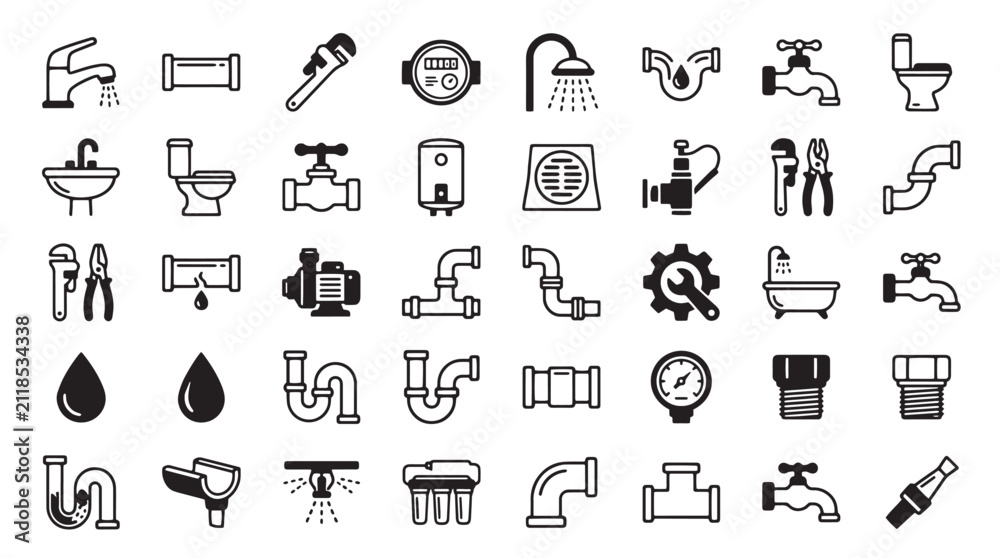 Fototapeta premium Plumbing icons set with 40 vector elements, black line plumbing service symbols, bathroom fixtures and water pipe repair equipment icons