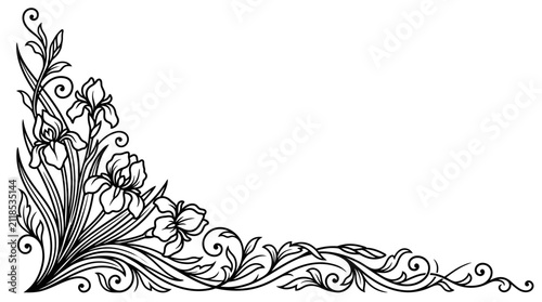 Elegant floral corner ornament with iris flowers and leaves, vintage design element