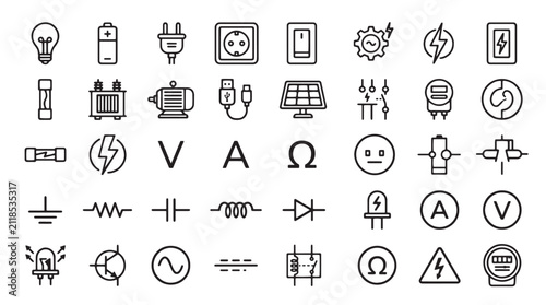 Electrical engineering icons set, 40 outline vector symbols for electronics and power, industrial circuit components and energy line art