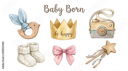 Set of cute baby born accessories with a camera crown toy bow and socks in a hand drawn watercolor illustration style