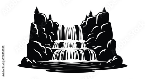 Waterfall landscape with rocks and trees black and white silhouette