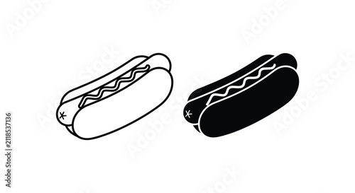 Hot Dog Illustrations With Linear And Solid Black Silhouette
