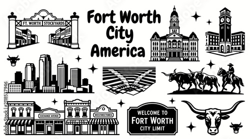 Fort Worth Texas America landmarks featuring Fort Worth Stockyards Sundance Square Tarrant County Courthouse Water Gardens downtown skyline cattle drive sculptures and historic western vector set