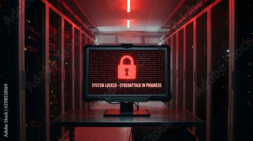 A red cyber attack warning lock screen appears on the server room monitor.