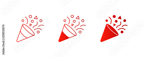 Red party popper celebration icons set, outline solid filled confetti burst vector design, festive graphic symbols for event decoration illustration