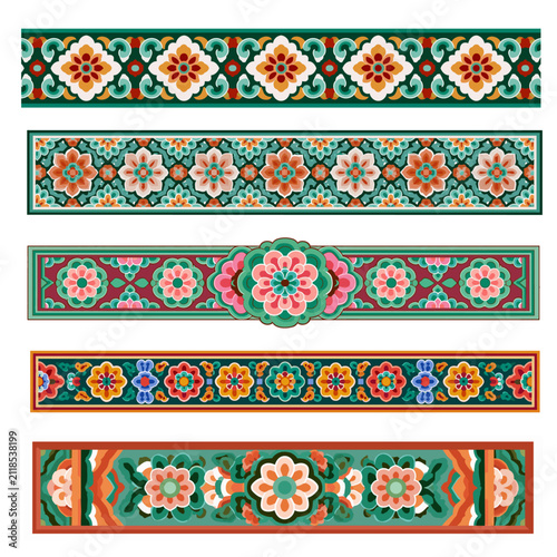 Traditional Korean Dancheong floral pattern decorative borders and stripe elements set