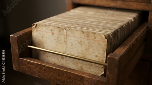 Stained old index cards in an old wooden catalog drawer.