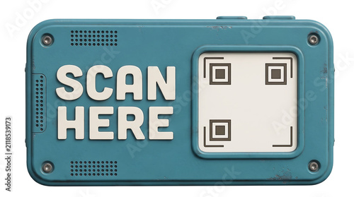 3D retro QR placeholder, Blue scan here device icon with QR code reader display and retro style