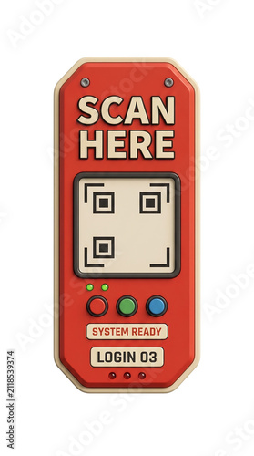 3D retro QR placeholder, Red 3D scan here device with QR code scanner and control buttons