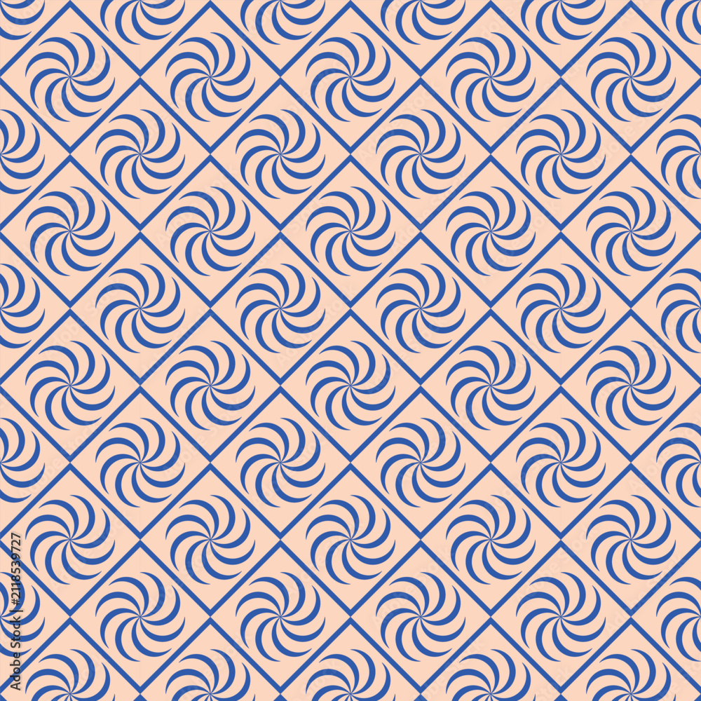 Obraz premium Elegant Blue Spiral Seamless Geometric Pattern with Diamond Grid on Soft Peach Background