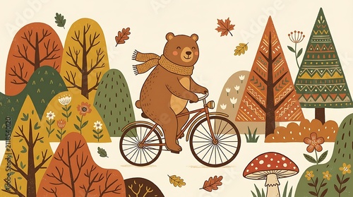 Cute brown bear wearing a scarf riding a bicycle in a colorful autumn forest with trees and falling leaves illustration