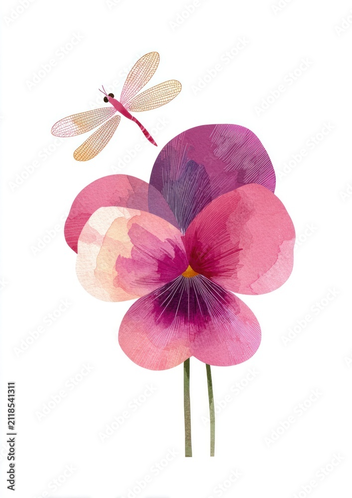 Obraz premium Pansy flower illustration dragonfly watercolor.