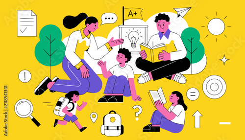 Modern education flat vector illustration, diverse students and teacher learning together, back to school concept with books and academic icons