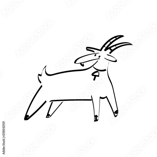 A cute black ink sketch of a goat looking back. Doodle farm animal.