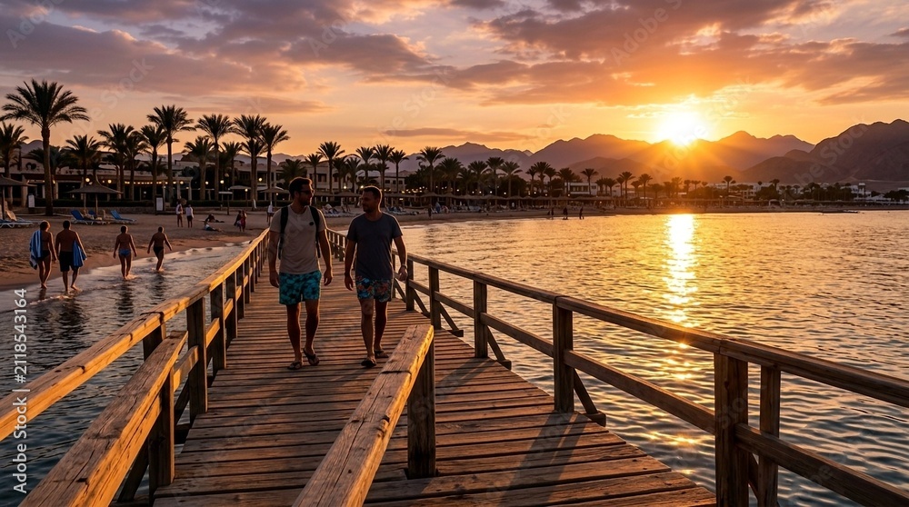 Fototapeta premium Couple walking on wooden pier at golden sunset beach, palm trees, mountains