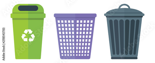 Trash can icons showing recycle bin, utility waste basket, and lidded garbage container for sanitation, disposal, and recycling systems