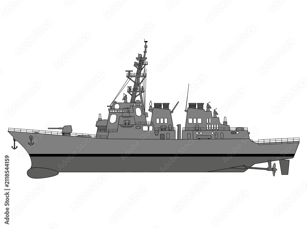 Fototapeta premium Modern Grey Naval Destroyer Warship Illustration Isolated on White