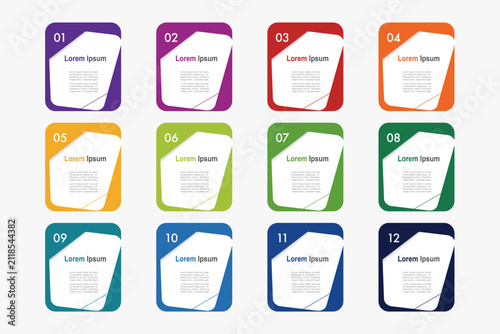 infographic elements template, business concept with 12 steps, multi color rectangle shapes design with  label for workflow layout, diagram, annual report, vector