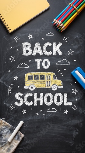 Back to school poster with chalk lettering, yellow school bus drawing and supplies