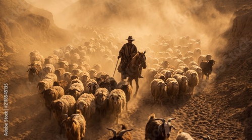 Vibrant dusty landscape featuring a historic herding culture, tracking a lone cowboy and his flock in a remote valley.