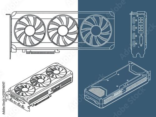 Obraz na płótnie GPU Graphics Card Technical Blueprint Line Art Illustration with Multiple Views