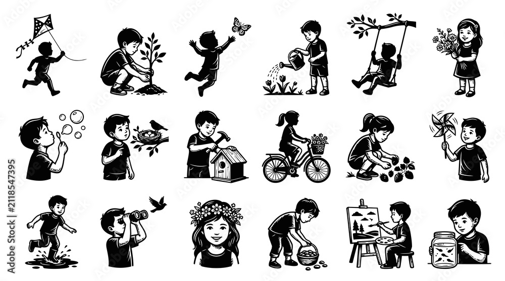 Obraz premium Black White Childhood Activities Illustration Set with Kids Playing, Learning, and Exploring Nature
