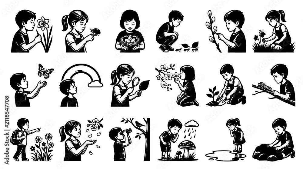Fototapeta premium Children exploring nature and science, line art icons, illustration