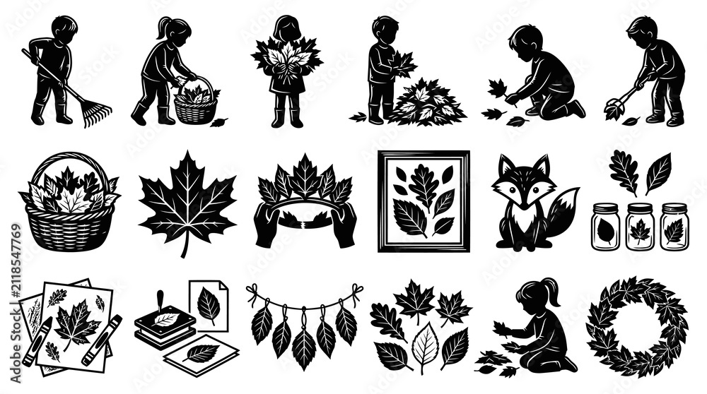 Fototapeta premium Autumn Fall Harvest Activities for Kids - Black and White Icons