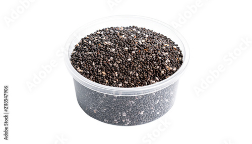 Healthy raw organic chia seeds in a small round plastic bowl isolated on solid white background 1