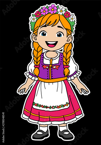 Cute European Girl Wearing Traditional Folk Costume Cartoon Vector Illustration