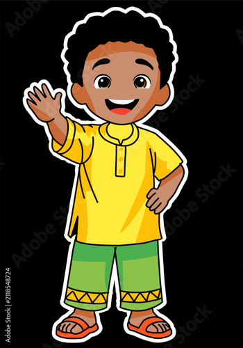 Cute African Boy Waving Hand Cartoon Character Isolated Vector Illustration