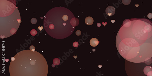 Abstract romantic dark background with glowing pink heart bokeh and sparkling particles
