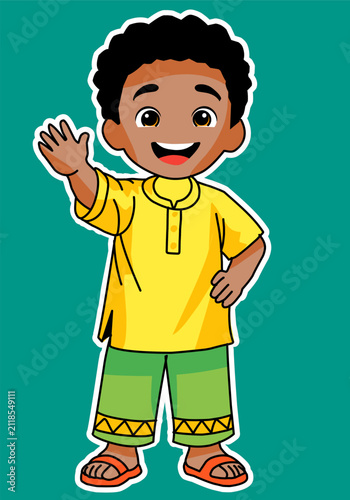Cute African Boy Waving Hand Cartoon Character Isolated Vector Illustration