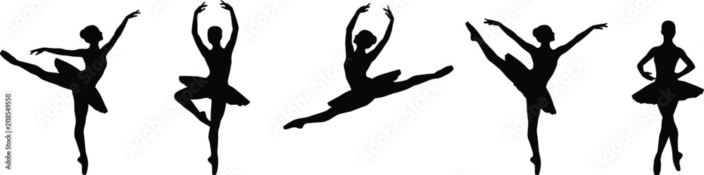 Fototapeta premium Set of five black ballerina silhouettes in classic dance poses isolated vector illustration