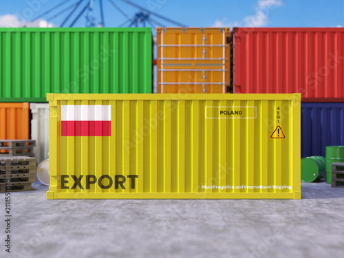 Shipping container with flag of Poland placed in front of stacked shipping containers