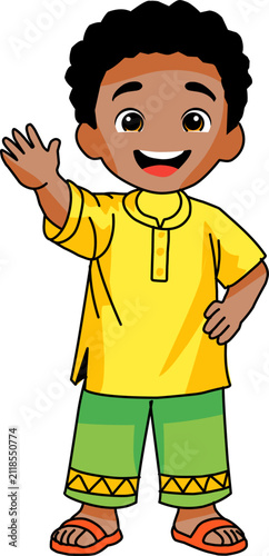 Cute African Boy Waving Hand Cartoon Character Isolated Vector Illustration