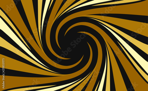 Abstract golden and black swirl background. Spiral rays vortex design. Comic or pop art style hypnotic sunburst vector background