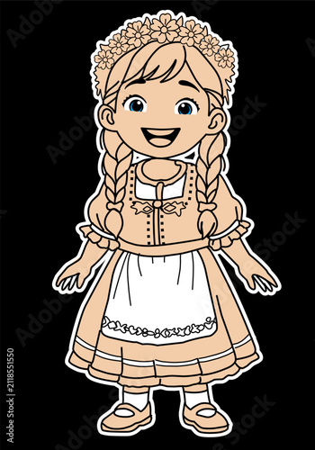 Cute European Girl Wearing Traditional Folk Costume Cartoon Vector Illustration