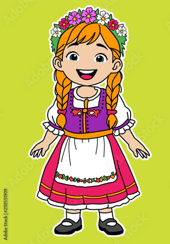Cute European Girl Wearing Traditional Folk Costume Cartoon Vector Illustration