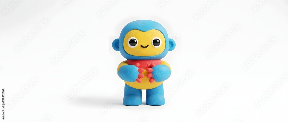 Fototapeta premium Cute cartoon blue and yellow monkey toy character isolated on white background