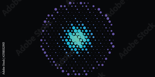 Abstract Halftone Circle Icon with Blue and Purple Gradient Dots on Black Background