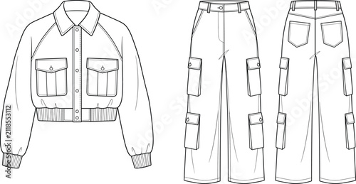 Fotografie Womens cropped bomber jacket and cargo pants fashion flat sketch vector illustra