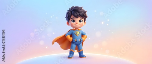 Cartoon superhero boy standing with cape and confident pose