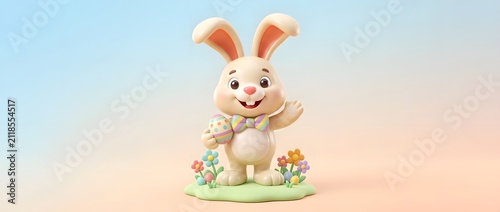 Cute cartoon rabbit figurine with easter egg and flowers on pastel background