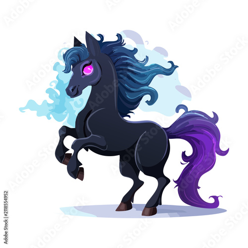 Dark fantasy black horse vector illustration featuring glowing purple mane and tail with burning eyes for mythical nightmare steed artwork design