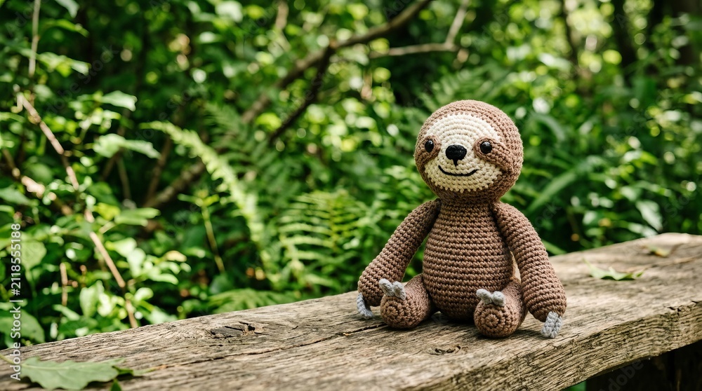Fototapeta premium Adorable crocheted sloth toy sits serenely on a wooden bench amidst lush green foliage.